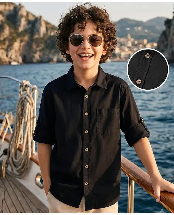 Premium Boys Black Half Sleeve Cotton Casual Shirt with Roll-Up Sleeves