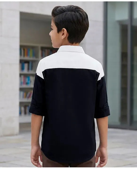 Premium Boys White & Black Color Block Full Sleeve Cotton Casual Shirt